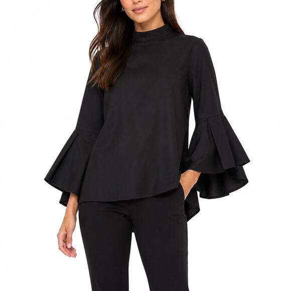 Pleione Tops - NWT Pleione Black Mock Neck Bell Sleeve Blouse Tiered Sleeve Top Size Medium